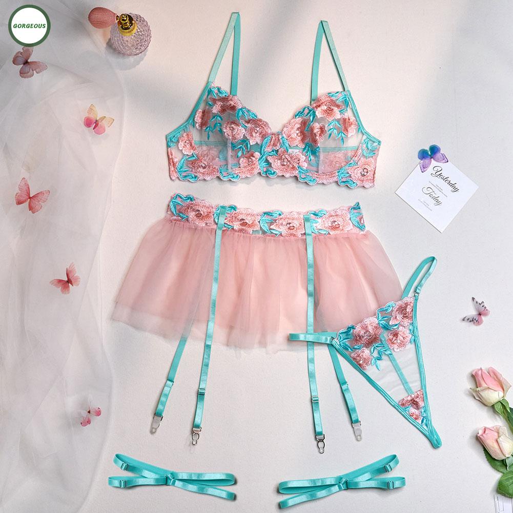 New Coming~Gorgeous 3 Piece Women's Lace Embroidery Lingerie Set Bra G string Garter Belt Underwear#Home Essentialses