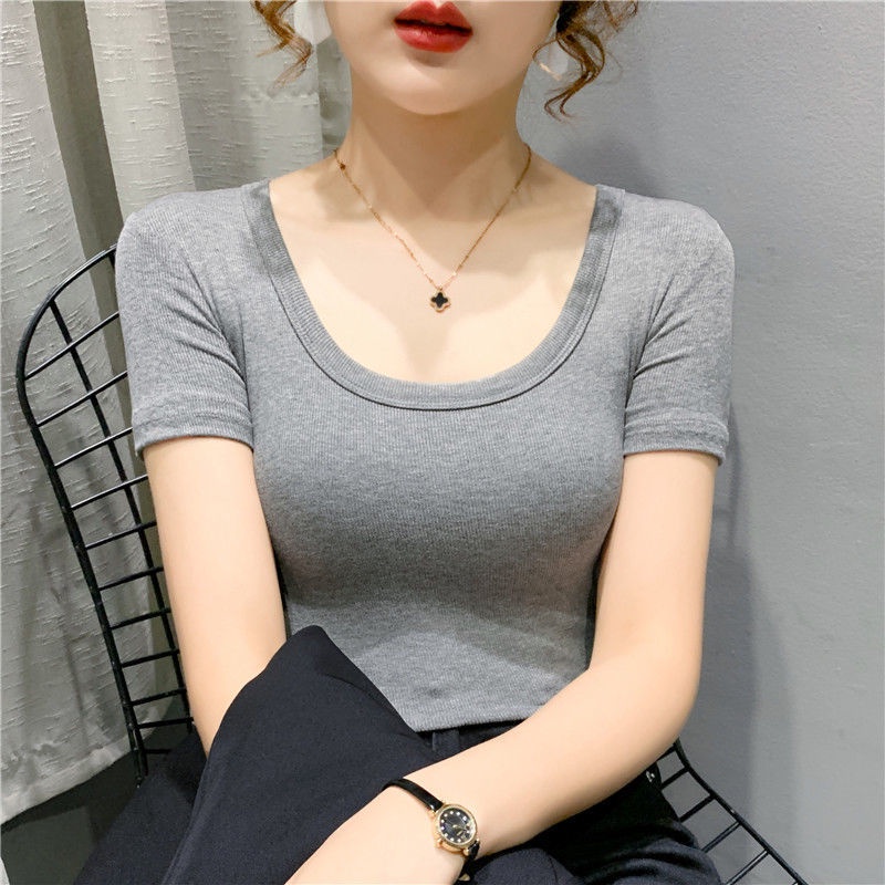 Áo Thun Nữ Ngắn Tay Cổ Chữ U Vải Cotton