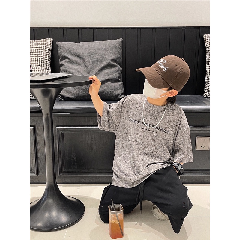 Áo thun xám chữ đen cho bé trai AB743 sz 90-160, áo phông cotton thời trang mùa hè cho bé