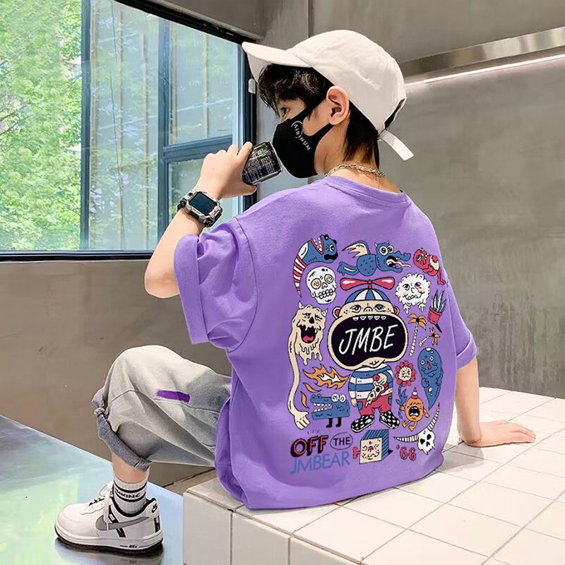 Áo Thun cotton Tay Ngắn Dáng Rộng In Họa Tiết Hoạt Hình Thời Trang Cho Bé Trai