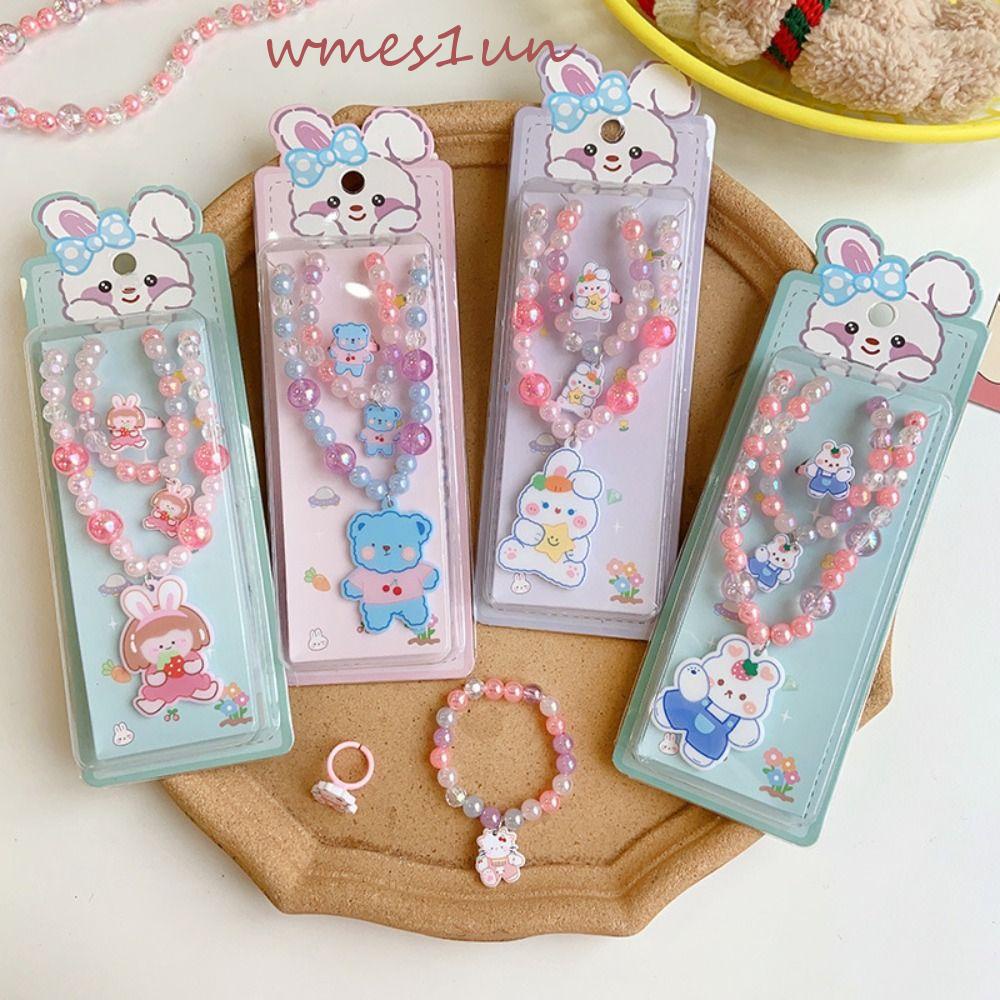 Bộ Nhẫn Acrylic WMES15H Họa Tiết Hoạt Hình Hoa / Gấu / Thỏ Kiểu Hàn Quốc Ngọt Ngào Cho Bé Gái