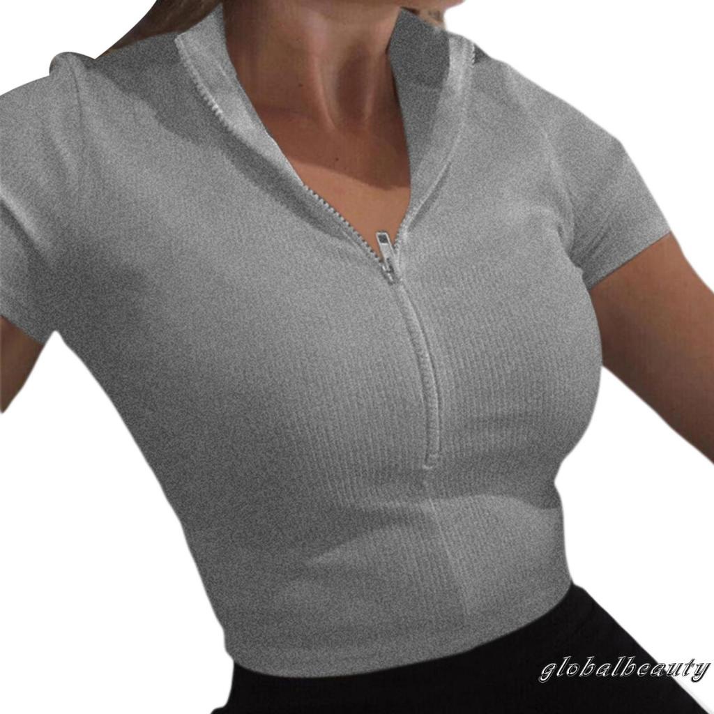 Áo Dệt Kim Ngắn Tay Cổ Chữ V Phối Khóa Kéo Trước Gợi Cảm Cho Nữ