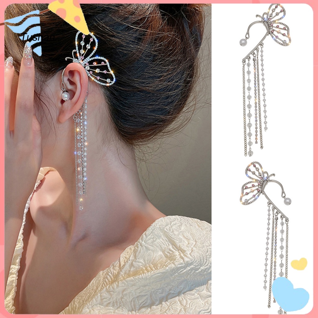 1 Đôi Bông Tai Kẹp Hình Bướm Có Đính Đá Lấp Lánh Dành Cho Nữ