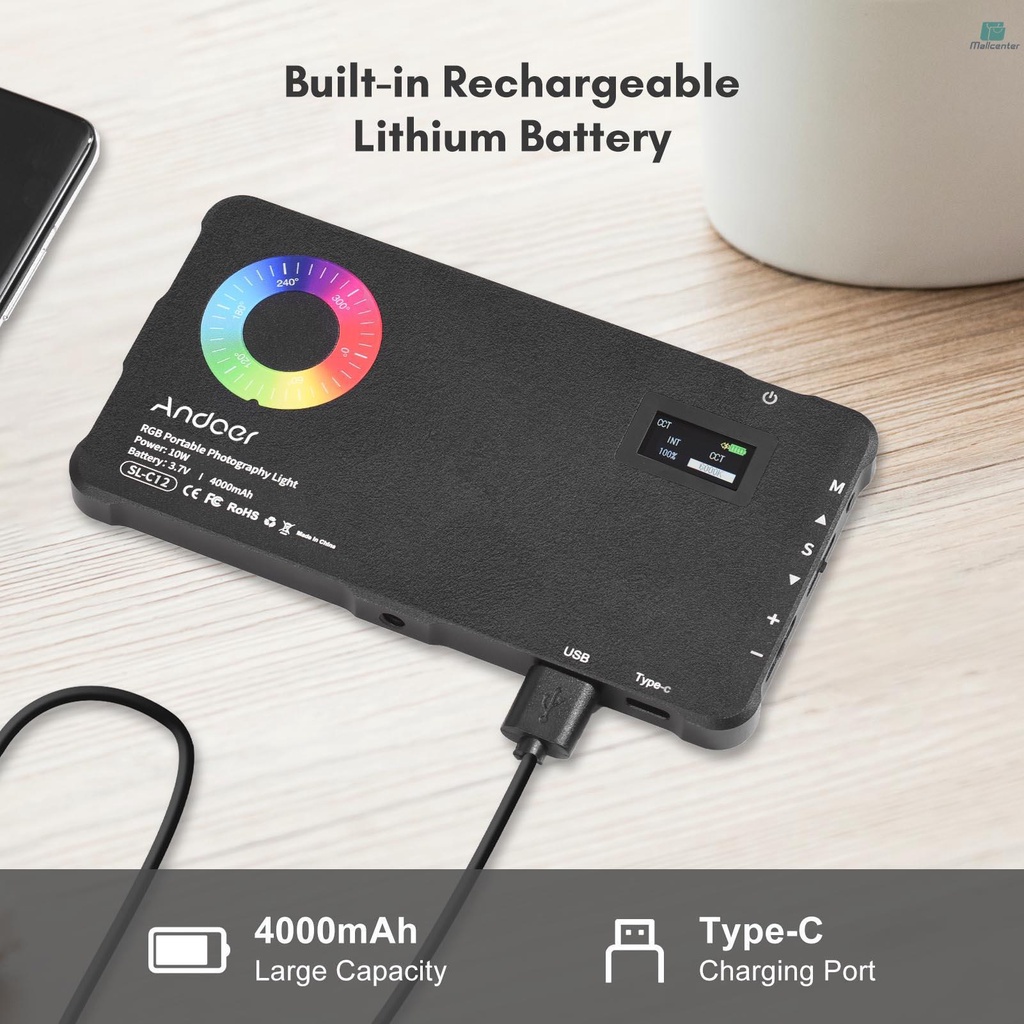 Andoer Pocket RGB Video Light LED Fill Light Panel 2500K-9000K Dimmable 24 Lighting Effects CRI95+ Built-in Battery with Cold Shoe Adapter for Vlog Live Streaming Video Conference Lighting Product Pho
