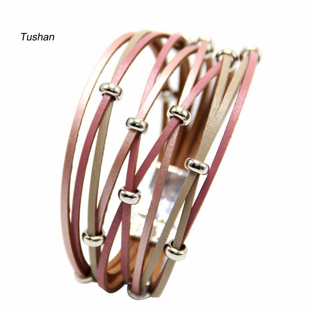 [Ts] Vòng Tay Da Thật Nhiều Lớp Đính Hạt Cườm Khóa Nam Châm Thời Trang Cho Nữ