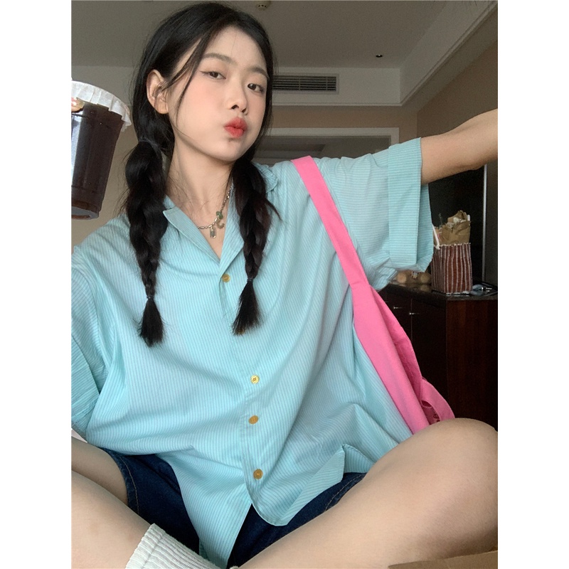 SUXI Áo Sơ Mi Tay Ngắn Dáng Rộng Họa Tiết Kẻ Sọc Màu Sắc Đơn Giản Thời Trang Mùa Hè Cho Nữ