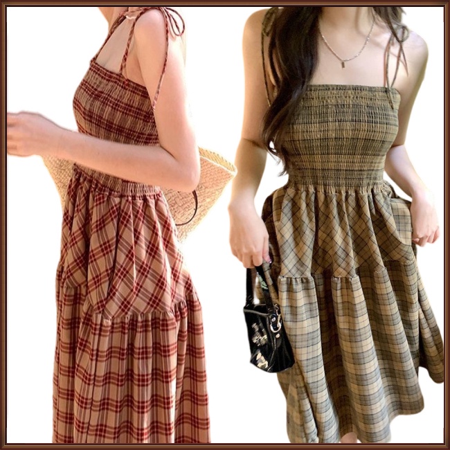 Đầm Hai Dây Dáng Chữ A Lưng Cao Họa Tiết Sọc Caro Phong Cách Retro Pháp