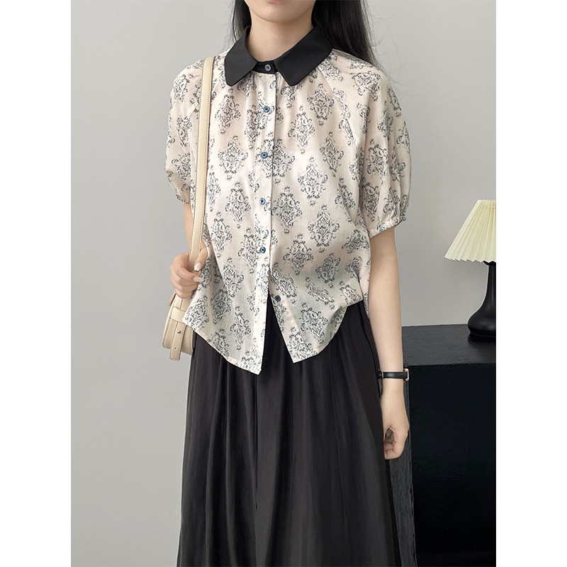 Áo Sơ Mi Tay Ngắn Cổ Búp Bê Màu Sắc Tương Phản Phong Cách Pháp Thời Trang Cho Nữ 31031