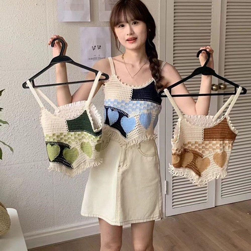Áo Croptop Dệt Kim Hai Dây Tua Rua Hình Trái Tim Nhiều Màu Sắc y2k