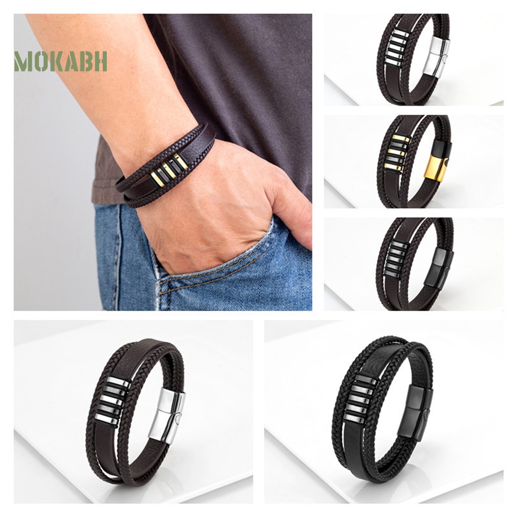 [Mới] Vòng Tay Da Giả 3 Lớp Trang Trí Khóa Cài Trang Sức Phong Cách Punk Chống Mài Mòn Nhiều Lớp Trang Trí Dành Cho Nam