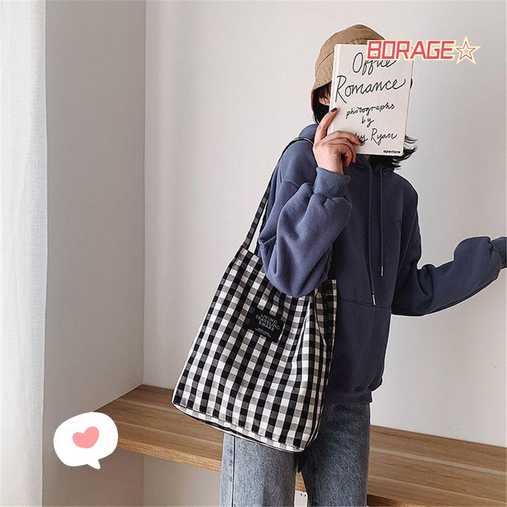 Túi Xách Đeo Vai Vải Bạt Sọc Ca Rô Tái Sử Dụng Được Thời