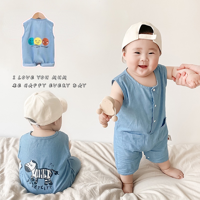 Bộ Áo Liền Quần Sát Nách Bằng Vải Cotton Denim In Hoạt Hình Dành Cho Bé Trai Gái 0-12 Tháng Tuổi