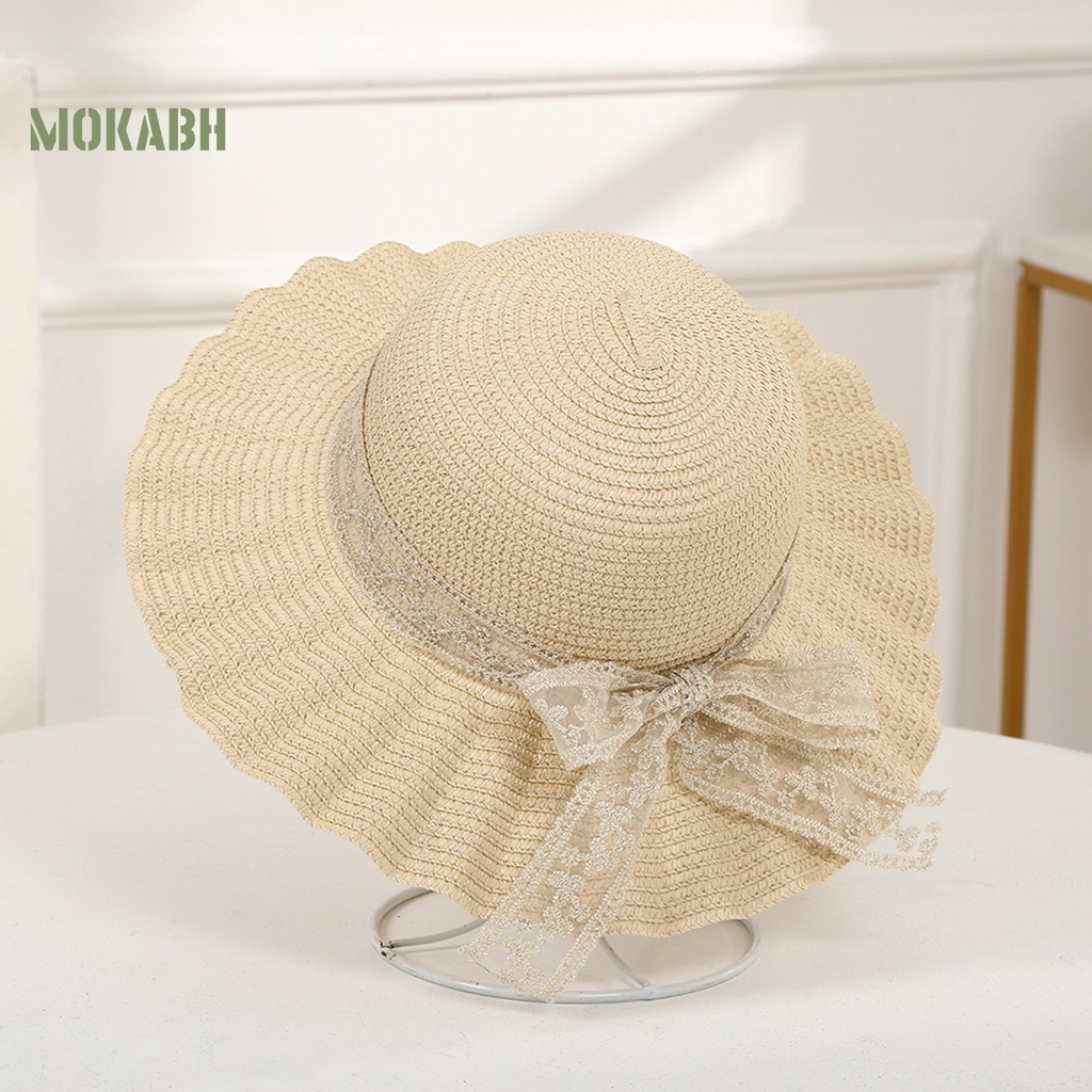 [Mok Abh] Mũ Rơm Rộng Vành Chống Nắng Thắt Nơ Thủ Công Kiểu Cổ Điển Bảo Vệ Xếp Ly Đi Biển Du Lịch Cho Nữ