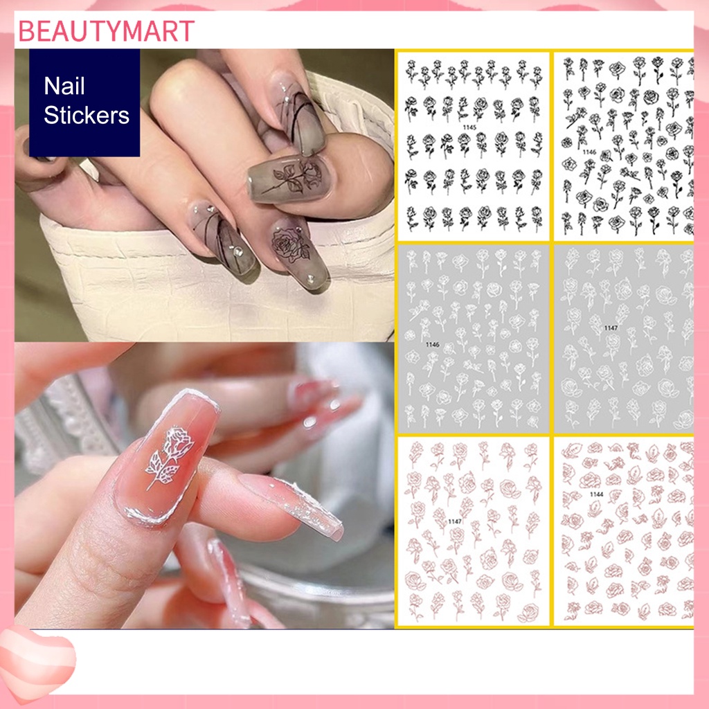 [beautymart] Hình Dán Móng Tay Tự Dính Không Mùi Họa Tiết Hoa Hồng Tinh Tế Không Dị Ứng Có Thể Tháo Rời