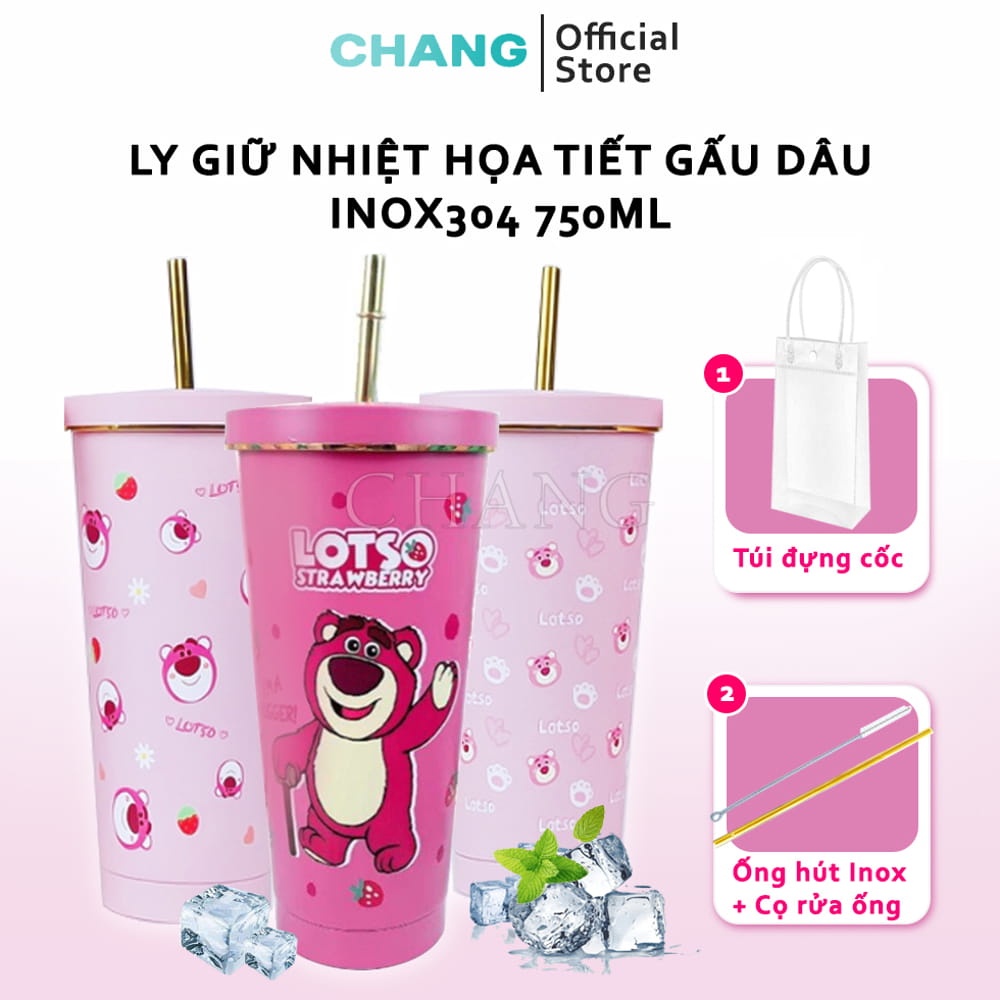 Ly Giữ Nhiệt Gấu Dâu LOTSO 750ml, Bình Giữ Nhiệt Inox 304 Kèm Ống Hút