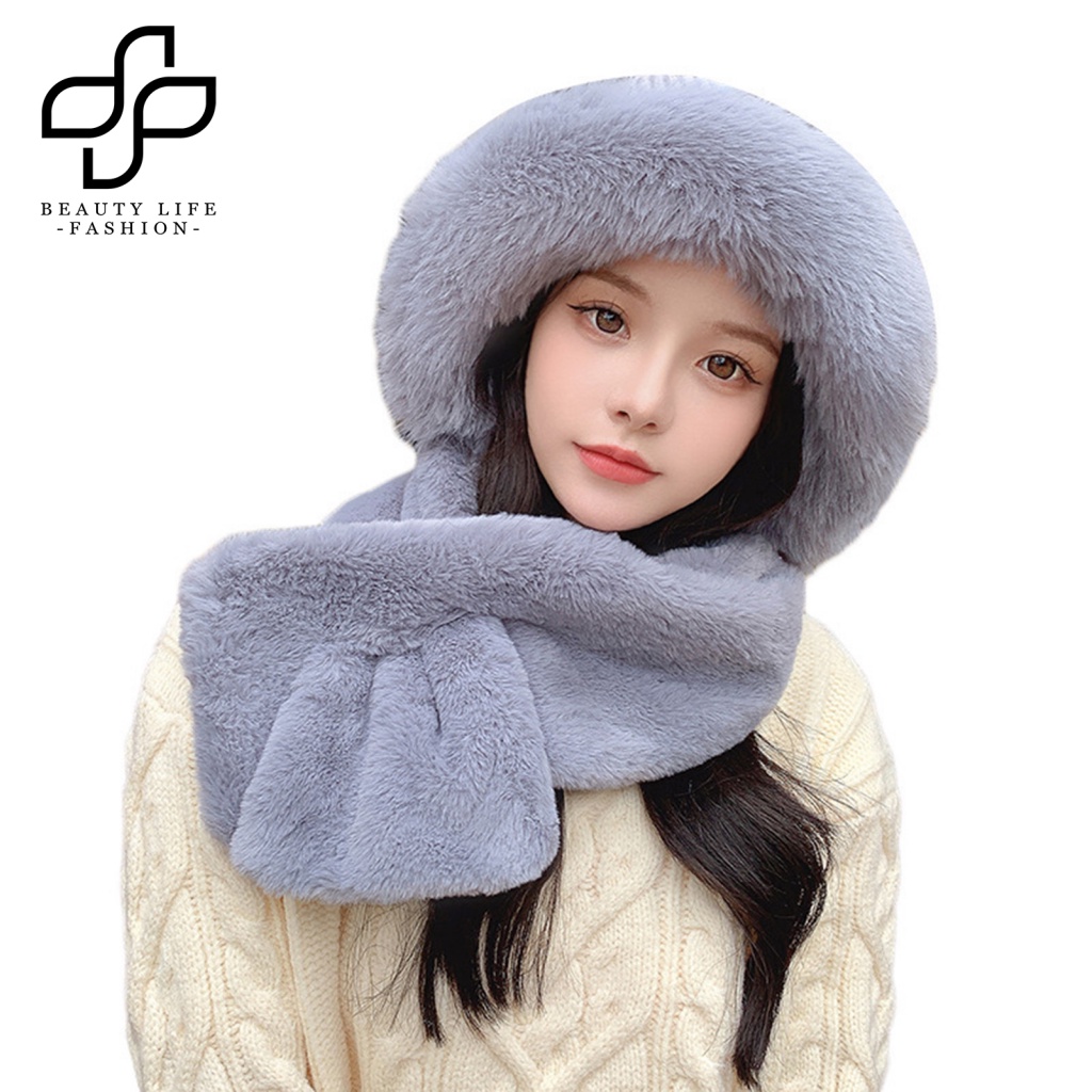 Mũ Trùm Đầu Kiêm Khăn Choàng Cổ Bằng Lông Nhung Màu Trơn Chống Lạnh Mềm Mại Chống Gió Thời Trang Mùa Đông Cho Nữ