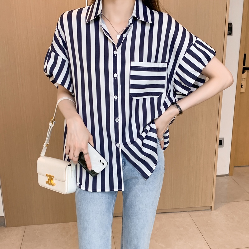 Áo Sơ Mi Chiffon Tay Ngắn Kẻ Sọc Dáng Rộng Phong Cách Phương Tây Thời Trang Mùa Hè Cho Nữ Thẻ