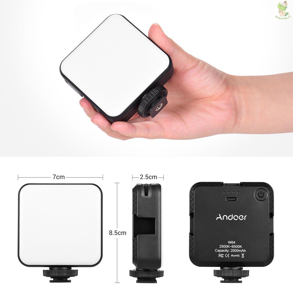 Andoer W64 Mini Bi-color Vlog LED Light 2500K-6500K Dimmable 6W Built-in Rechargeable Battery with 3 Cold Shoe Mounts Co   Came-6.5