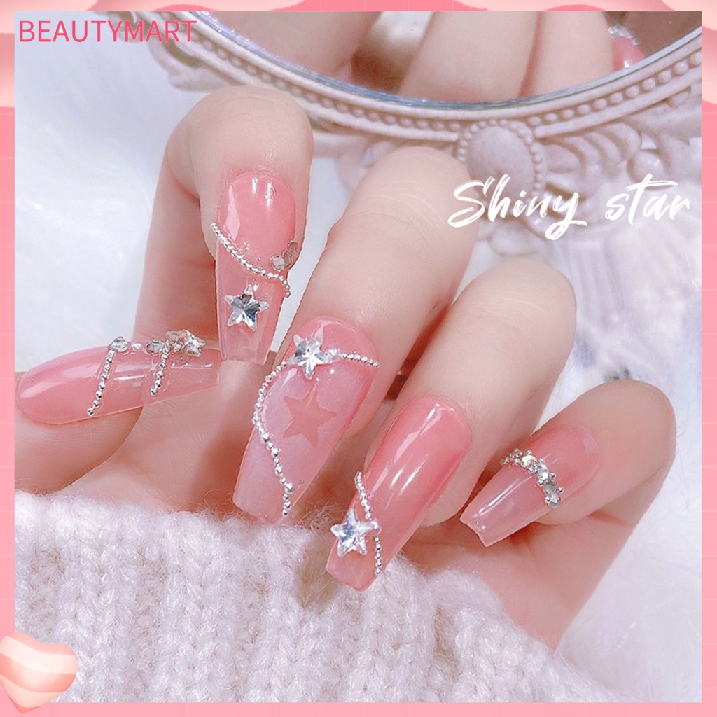 [beautymart] Túi 10 Móng Tay Giả Pha Lê Lấp Lánh Không Rơi Trang Trí Nghệ Thuật Móng Tay Mini Màu Trắng Hồng Ngôi Sao Năm Cánh