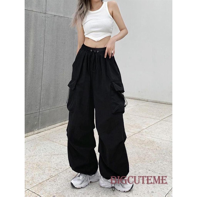 Quần Dài Dáng Suông Lưng Thun Có Túi Phong Cách Đường Phố Cho Nữ