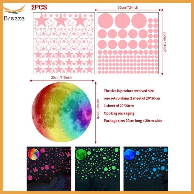 Bộ 3 Miếng Dán Tường Dạ Quang Tự Dính Hình Trăng Sao Trang Trí Phòng Bé Gái