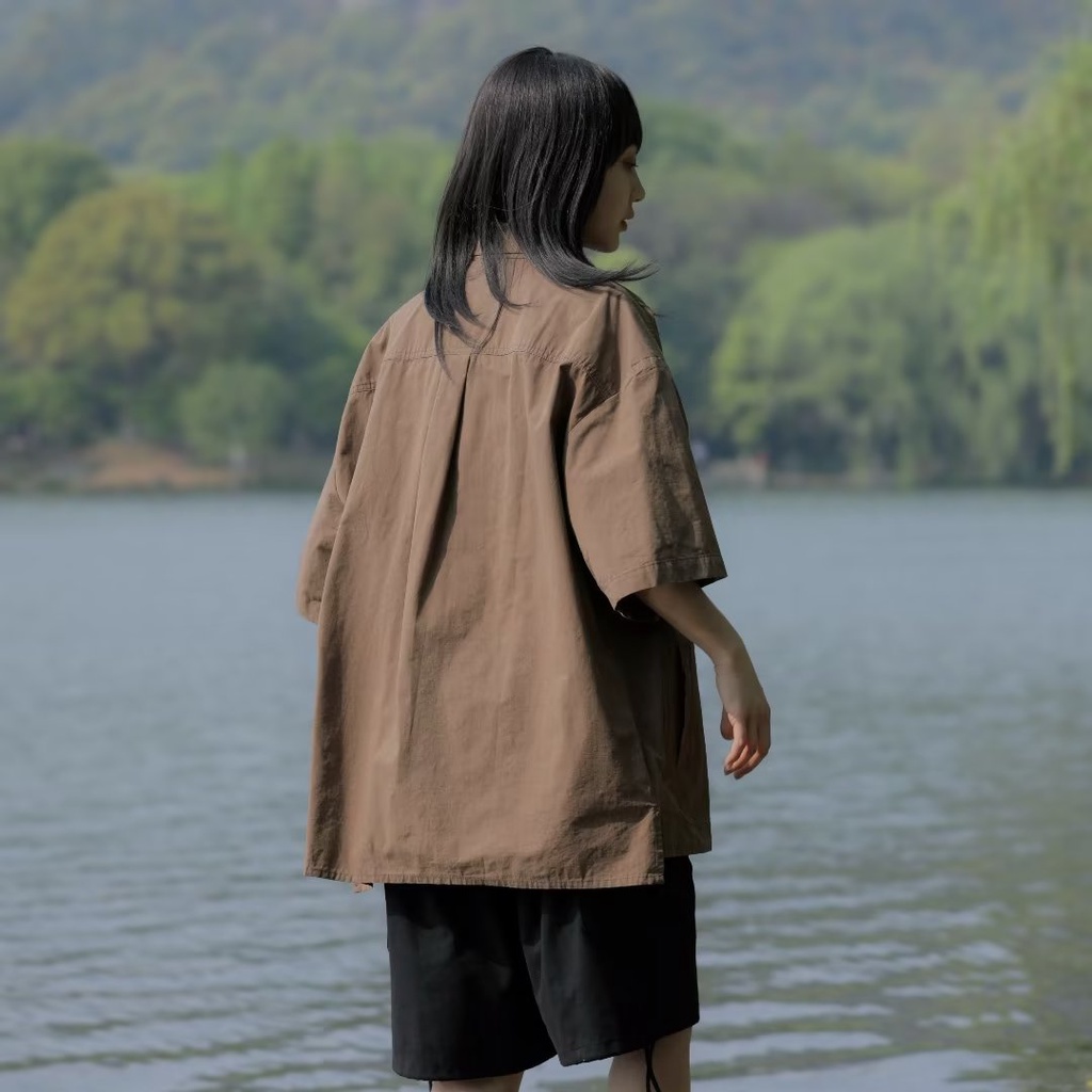 Áo Sơ Mi Cotton Kaki Tay Lửng Dáng Rộng Phong Cách Retro Cho Nam