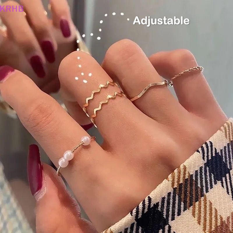 Set 5 Nhẫn Đeo Ngón Tay Đính Ngọc Trai Đơn Giản Phong Cách Hàn Quốc Cho Nữ Mới