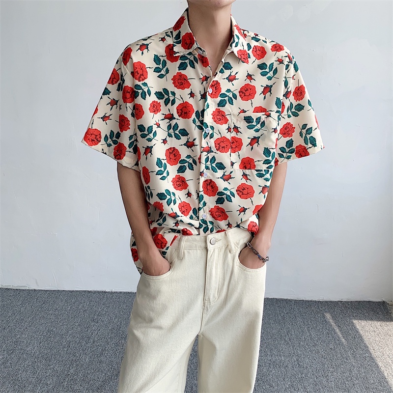 Áo Sơ Mi Ngắn Tay Dáng Rộng In Họa Tiết Hoa Thời Trang Harajuku Nhật Bản Cho Nam