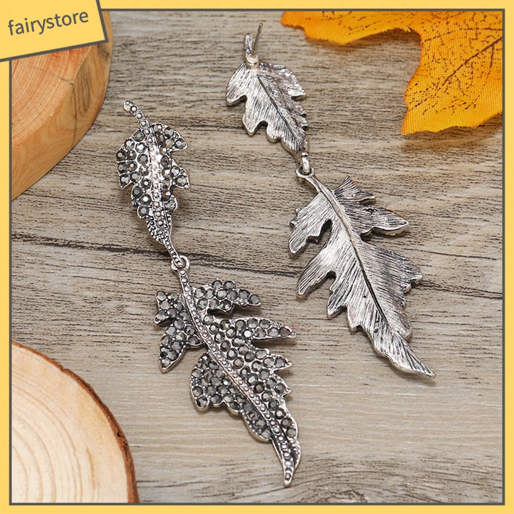 1 Đôi Bông Tai Hình Chiếc Lá Đính Đá Phong Cách Vintage Dành Cho Nữ