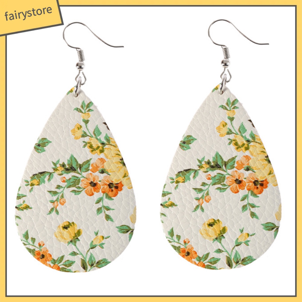 Bông Tai Giả Da Hình Giọt Nước Họa Tiết Hoa Phong Cách Boho Dành Cho Nữ