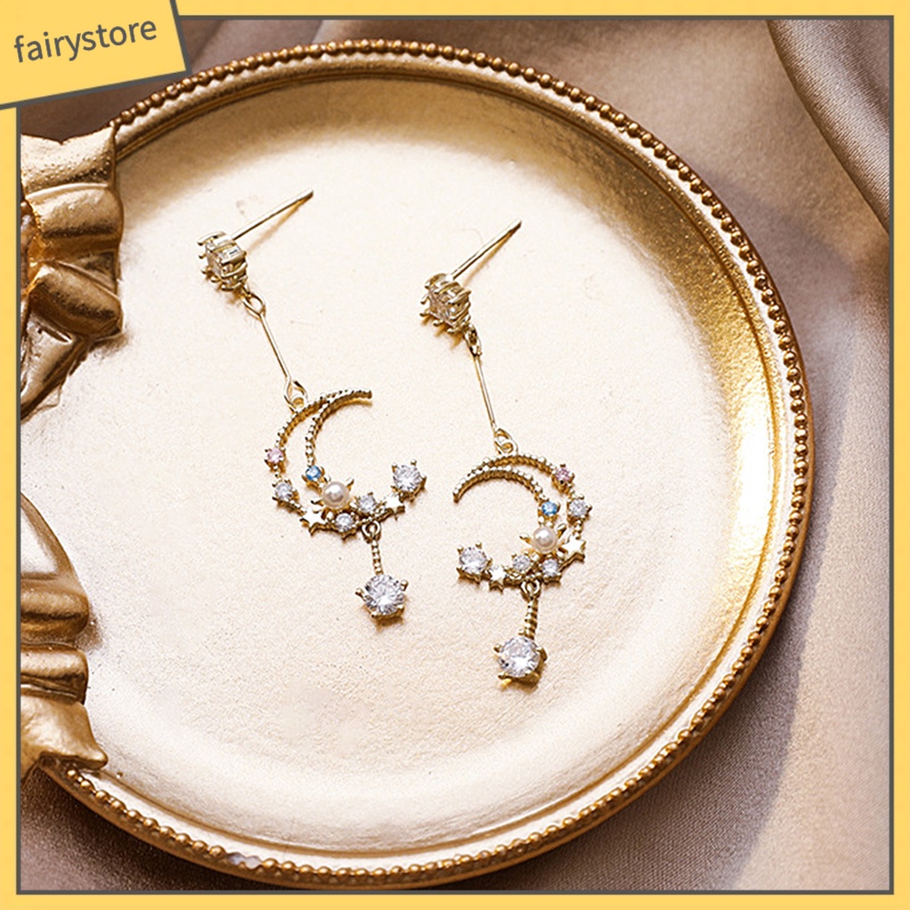 1 Đôi Bông Tai Hình Mặt Trăng Đính Đá Nhiều Màu Thời Trang Dành Cho Nữ