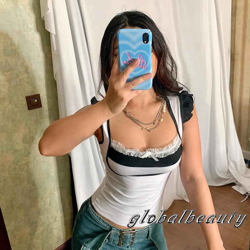 Áo Không Tay Cổ Vuông Viền Ren Màu Sắc Tương Phản Thời Trang Mùa Hè Cho Nữ