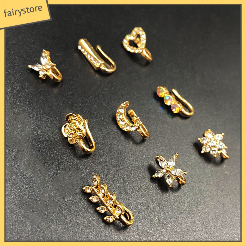 [FRO] Set 9 Khuyên Mũi Đính Kim Cương Giả Hình Xương / Mặt Trăng / Bông Hoa Không Cần