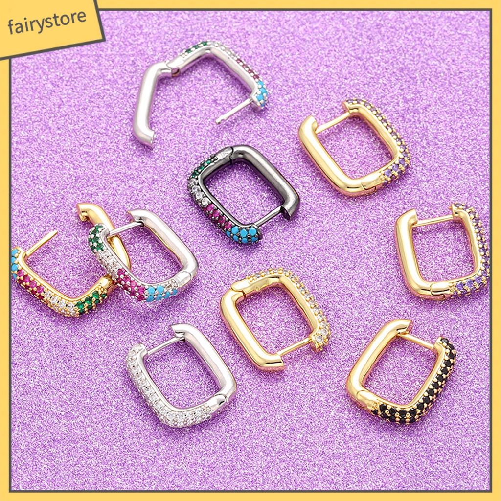 1 Đôi Bông Tai Hình Vuông Đính Đá Mạ Điện Không Gây Dị Ứng Phong Cách Vintage Phương Tây