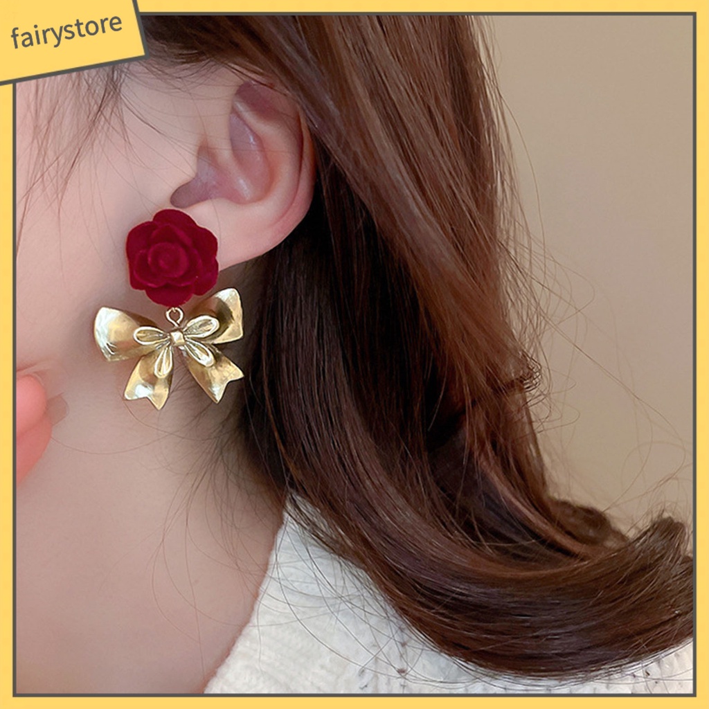 [FRO] 1 Đôi Bông Tai Thả Mạ Bạc Họa Tiết Hoa Hồng / Nơ Dáng Dài Lãng Mạn Cao Cấp