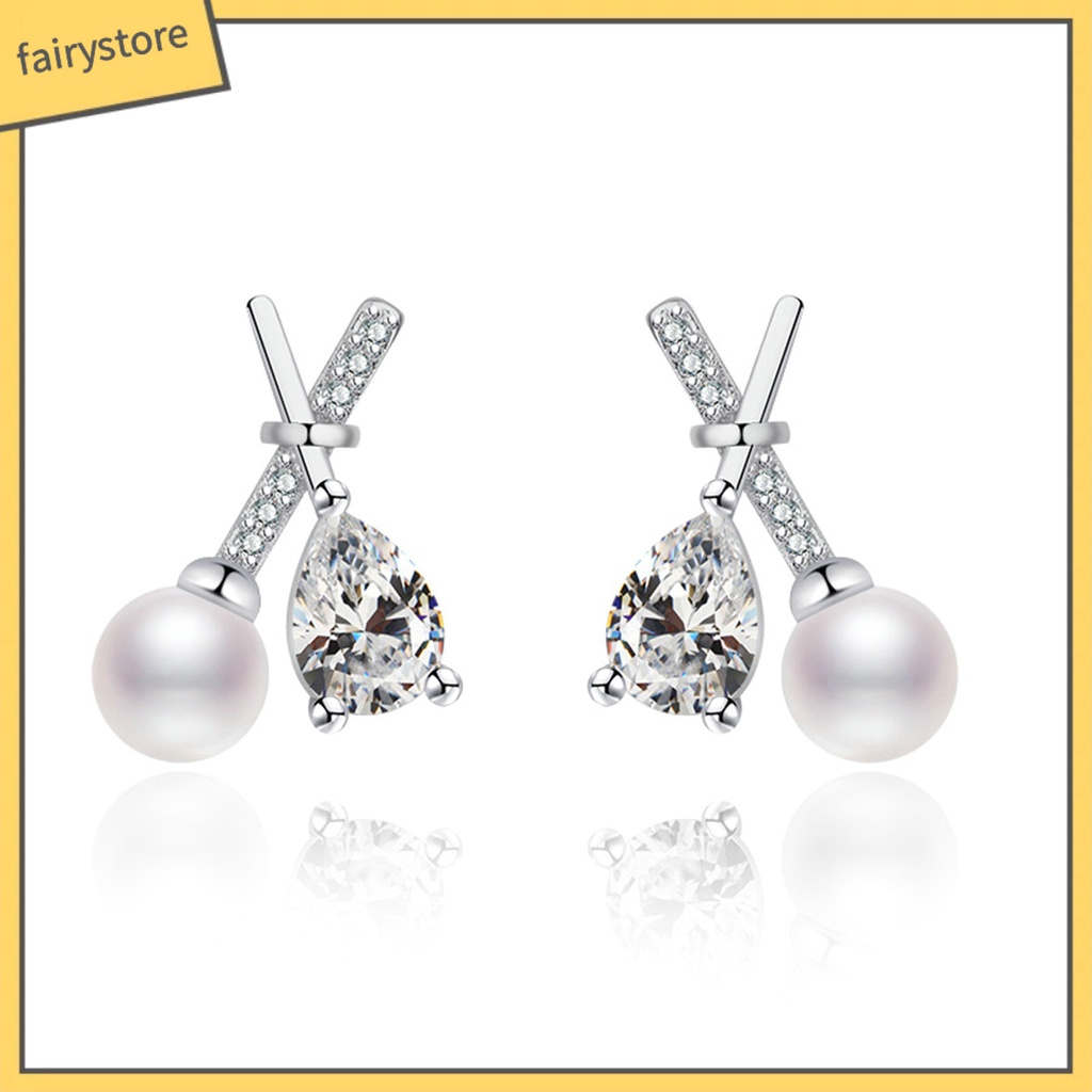 1 Đôi Bông Tai Chữ X Đính Đá Zircon Ngọc Trai Giả Lấp Lánh Phong Cách Pháp