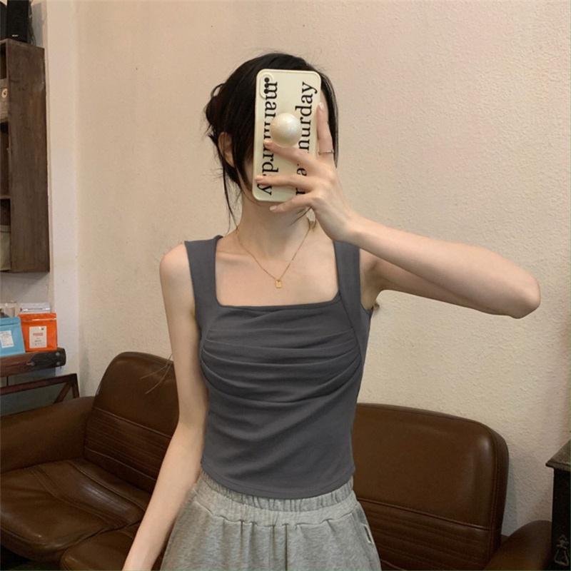 Áo Croptop Cổ Vuông Màu Trơn Mềm Mại Thời Trang Mùa Hè Quyến Rũ Cho Nữ