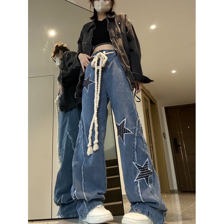 Y2k Quần Jeans Nữ Lưng Cao Ống Rộng Phong Cách Retro Mỹ Cá Tính