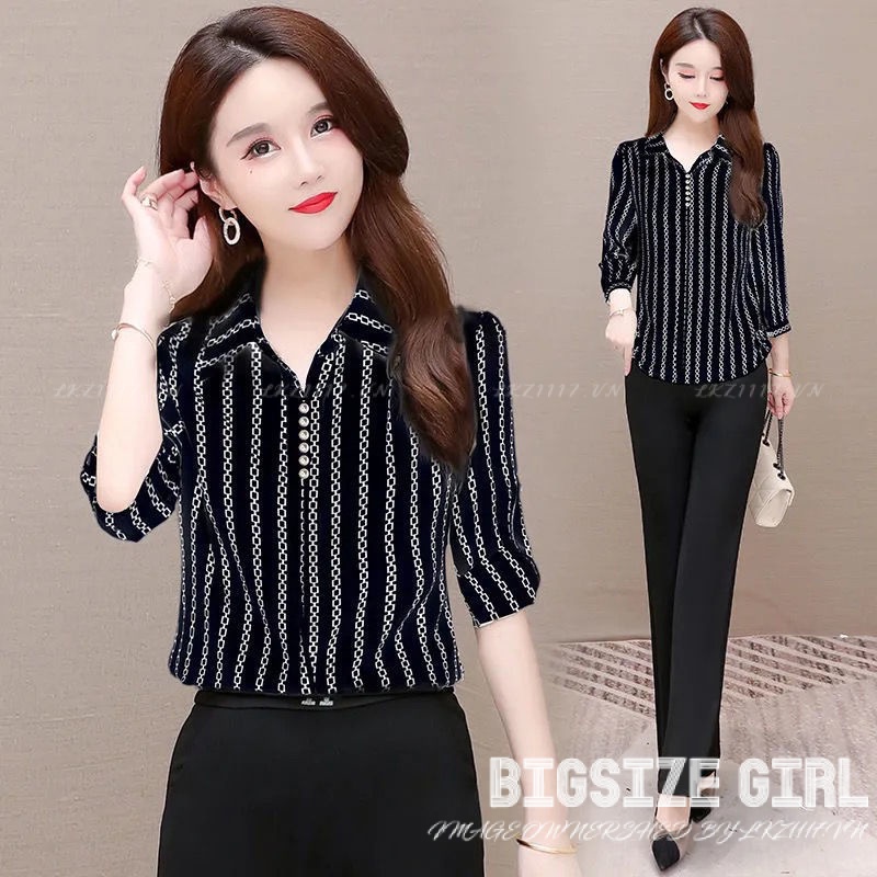 Áo kiểu trung niên nữ Bigsize Áo sơ mi công sở nữ trung niên cho mẹ sở sọc mùa xuân hè Phong cách hàn quốc Thời Trang trẻ trung sang trọng đẹp cao cấp