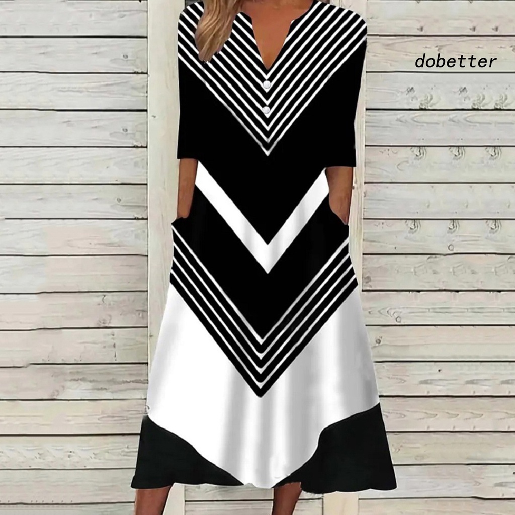 Đầm Dài Cổ Chữ V Kẻ Sọc Phối Nút Trang Trí Có Túi Thời Trang Cho Nữ