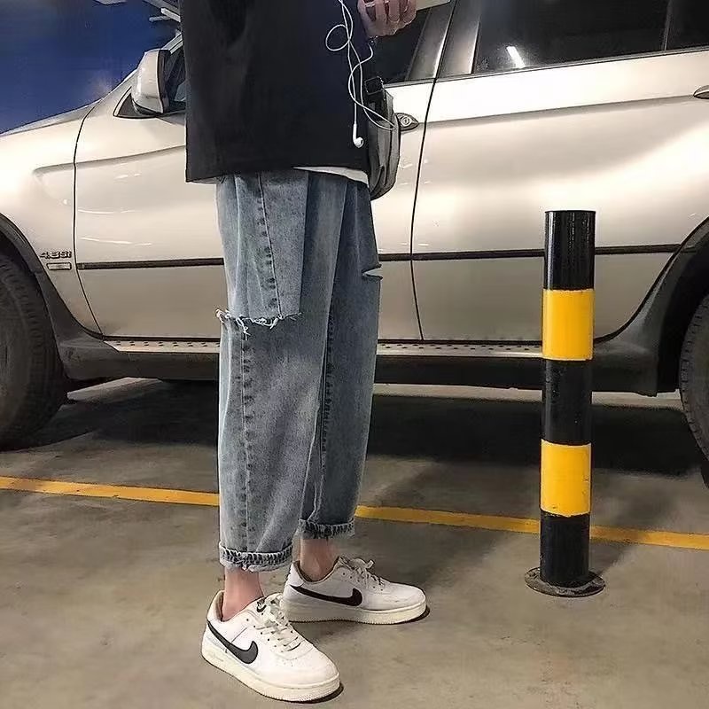 Quần Jean Dài Dáng Rộng Rách Gối Phong Cách Đường Phố Thời Trang Xuân Hè Cho Nam