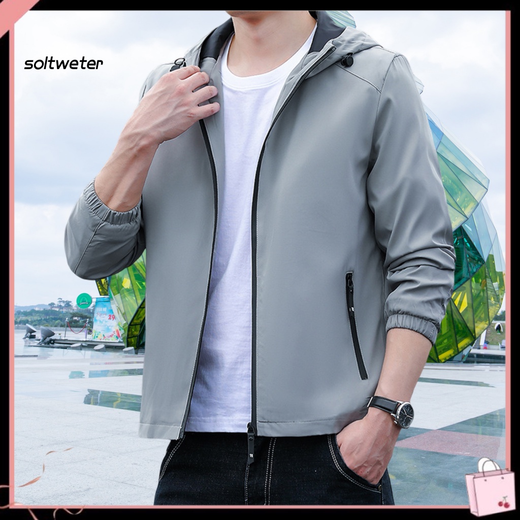 Áo Khoác Có Nón Và Khóa Kéo Màu Sắc Đơn Giản Phong Cách Đường Phố Hàn Quốc Cho Nam