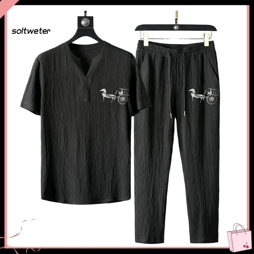 1 Bộ Áo Tay Ngắn Cổ Chữ V Màu Trơn Phối Quần Dài Đính Nút Thời Trang Mùa Hè Cho Nam