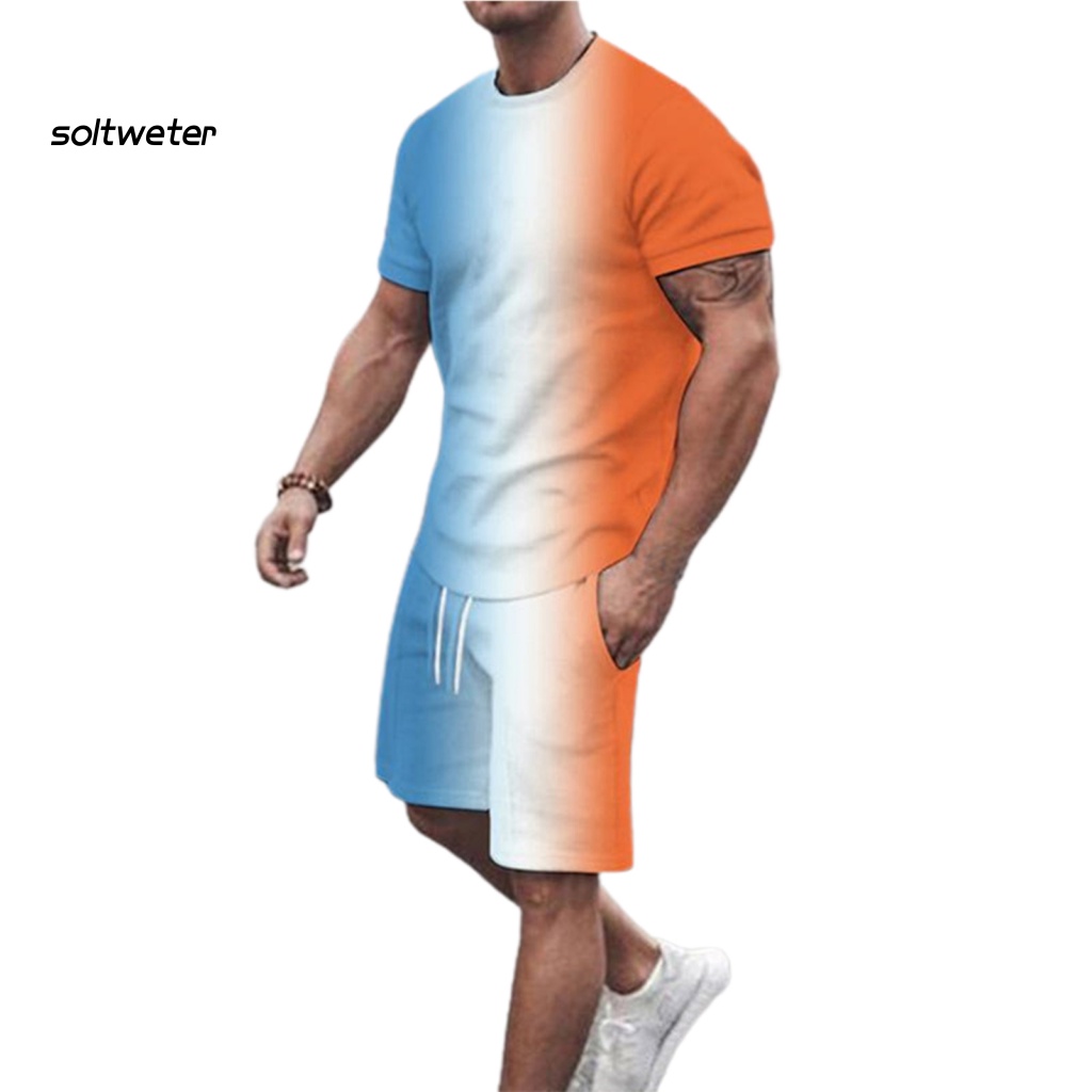 1 Bộ Áo Thun Cổ Tròn In Họa Tiết 3D + Quần Short Lưng Thun Phối Túi Thời Trang Đường Phố Mùa Hè