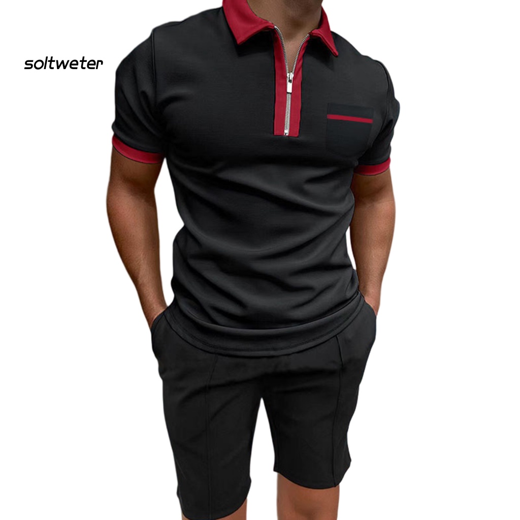 1 Bộ Áo Cổ Bẻ + Quần Short Lưng Thun Màu Sắc Tương Phản Thời Trang Đi Biển Mùa Hè Cho Nam