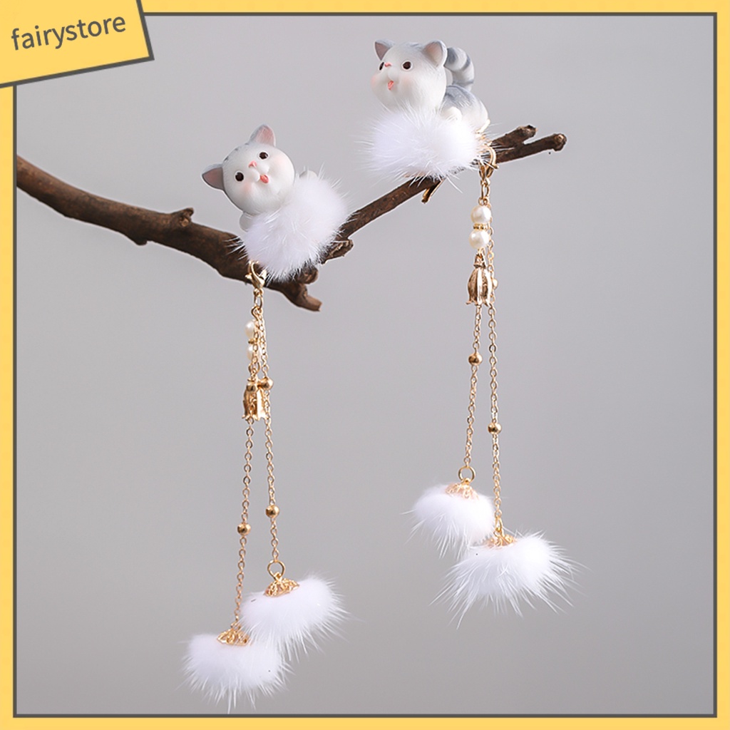 1 Cặp Kẹp Tóc Tua Rua Hình Mèo Dễ Thương Phong Cách Trung Hoa