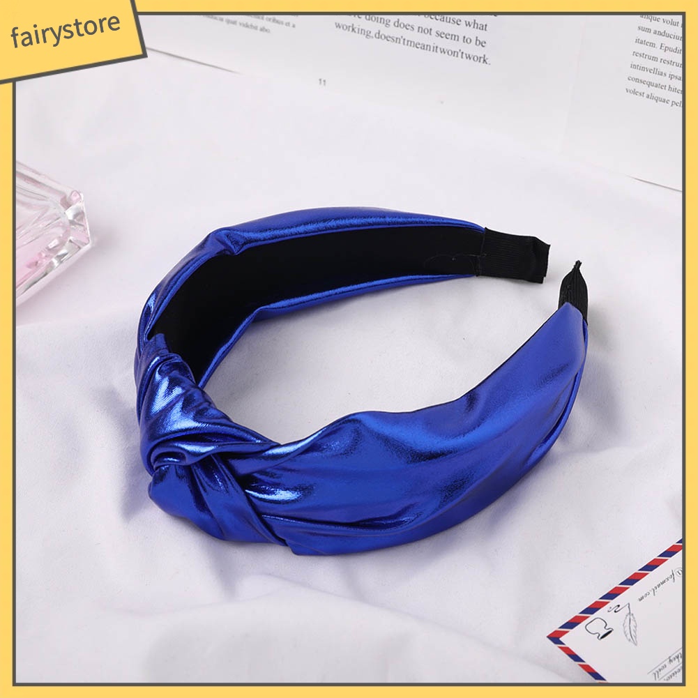 Băng Đô Cài Tóc Bản Rộng Giả Da Thắt Nút Màu Trơn Cho Nữ