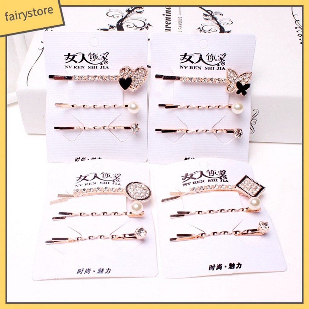 Bộ 3 Kẹp Tóc Đính Đá Họa Tiết Trái Tim / Hình Vuông Thời Trang