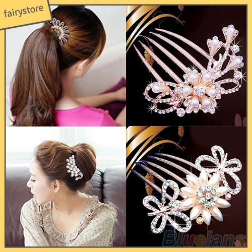 Lược Cài Tóc Hình Hoa / Chim Công Đính Ngọc Trai Giả Cho Cô Dâu