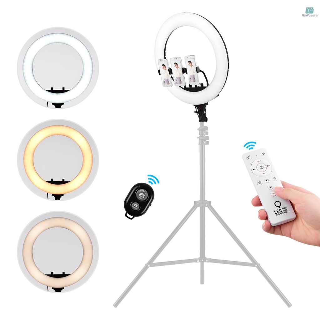 18inch Video LED Ring Light Dimmable 3000-7000K Remote Control with 3 Phone Clamps Phone Remote Shutter for Studio Portrait Photography Live Streaming